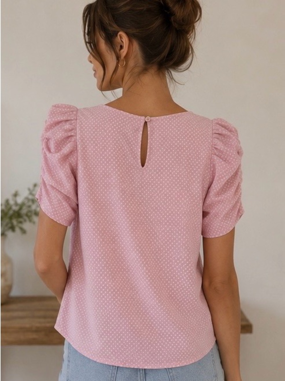 Blush Pink Puff Sleeve Dot Blouse - Picture 3 of 9